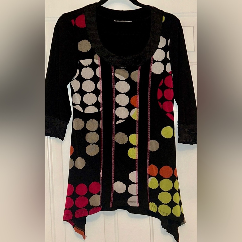 Polka Dot Tunic Top M Wearable Art Asymmetrical Stretch 3/4 Sleeves Artsy Modern